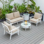 LeisureMod Walbrooke White Patio Conversation With Round Fire Pit, Beige