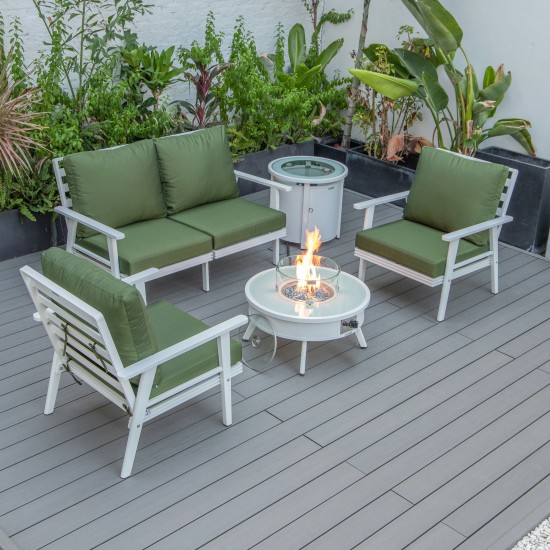 LeisureMod Walbrooke White Patio Conversation With Round Fire Pit, Green