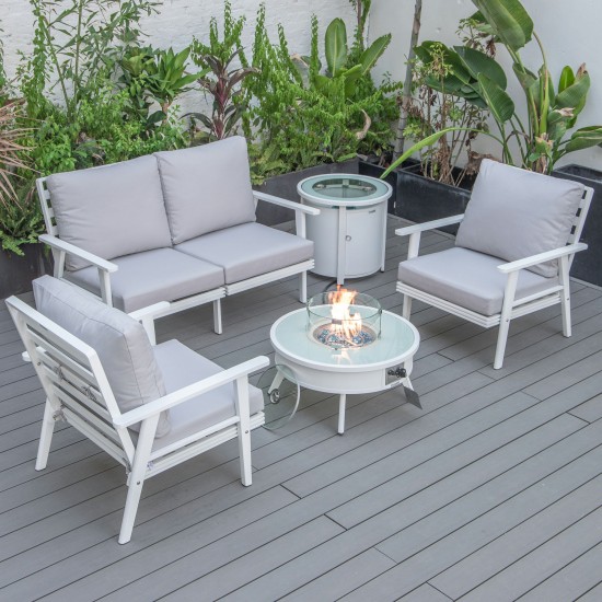 LeisureMod Walbrooke White Patio Conversation With Round Fire Pit, Light Grey