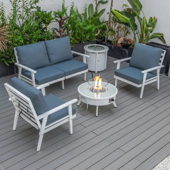 LeisureMod Walbrooke White Patio Conversation With Round Fire Pit, Navy Blue