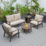 LeisureMod Walbrooke Brown Patio Conversation With Round Fire Pit, Beige