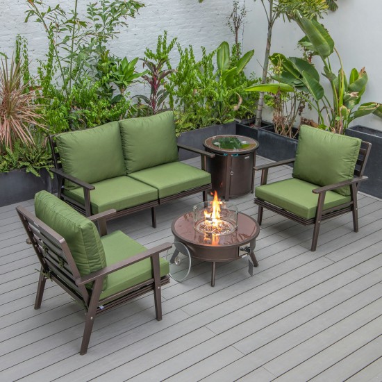 LeisureMod Walbrooke Brown Patio Conversation With Round Fire Pit, Green