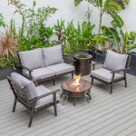 LeisureMod Walbrooke Brown Patio Conversation With Round Fire Pit, Grey