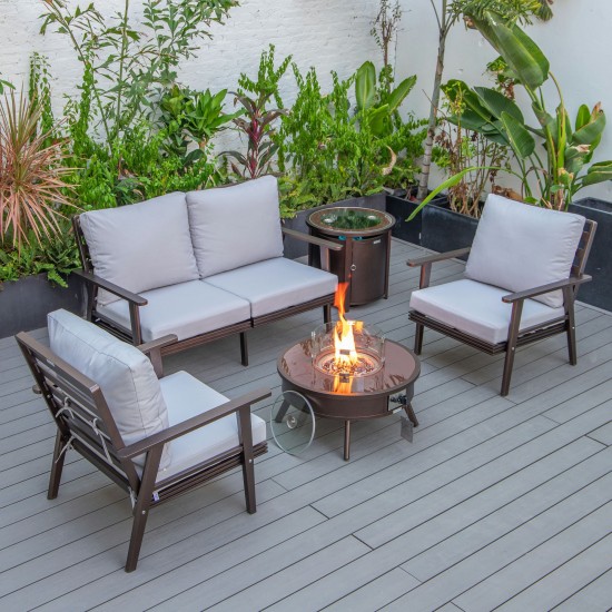 LeisureMod Walbrooke Brown Patio Conversation With Round Fire Pit, Light Grey