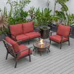 LeisureMod Walbrooke Brown Patio Conversation With Round Fire Pit, Red