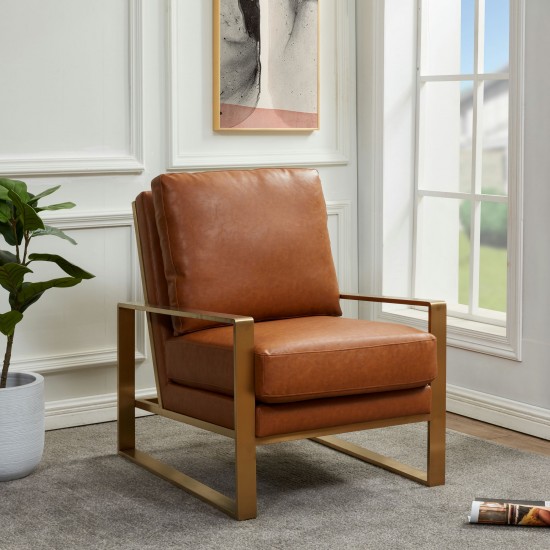 LeisureMod Jefferson Accent Armchair With Elegant Gold Frame, Cognac Tan