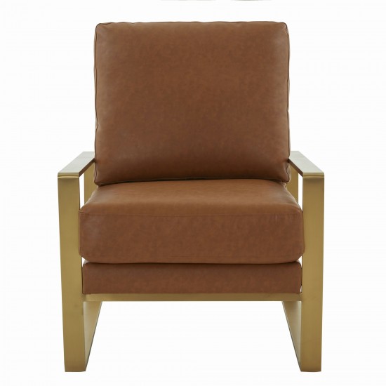 LeisureMod Jefferson Accent Armchair With Elegant Gold Frame, Cognac Tan