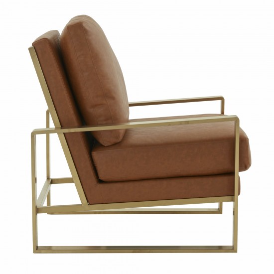 LeisureMod Jefferson Accent Armchair With Elegant Gold Frame, Cognac Tan