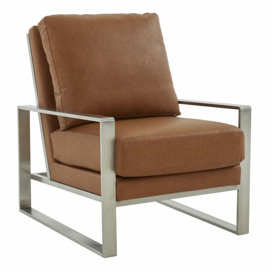 LeisureMod Jefferson Accent Armchair With Elegant Silver Frame, Cognac Tan