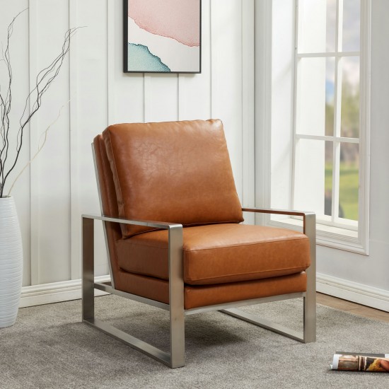 LeisureMod Jefferson Accent Armchair With Elegant Silver Frame, Cognac Tan