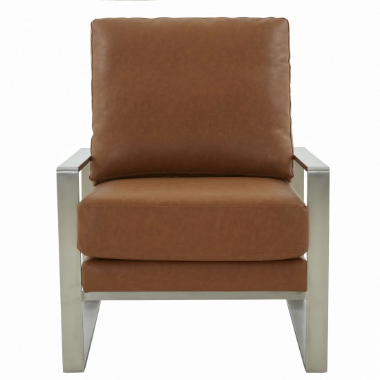 LeisureMod Jefferson Accent Armchair With Elegant Silver Frame, Cognac Tan