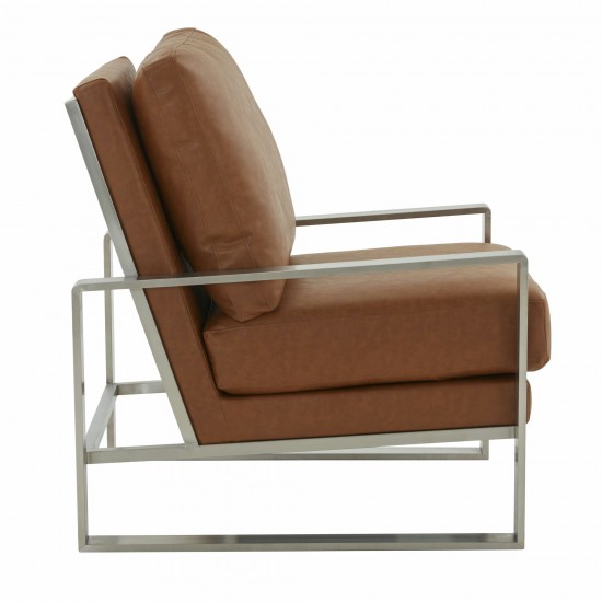 LeisureMod Jefferson Accent Armchair With Elegant Silver Frame, Cognac Tan