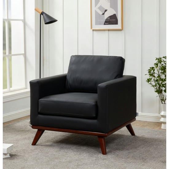 LeisureMod Chester Modern Leather Accent Arm Chair With Birch Wood Base, Black