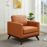 LeisureMod Chester Leather Accent Arm Chair With Birch Wood Base, Cognac Tan