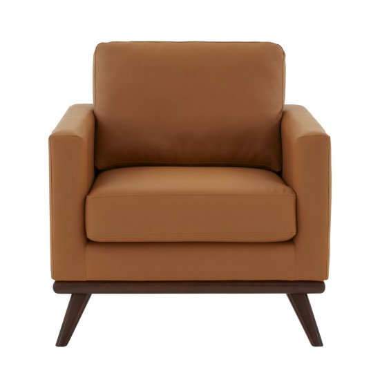 LeisureMod Chester Leather Accent Arm Chair With Birch Wood Base, Cognac Tan