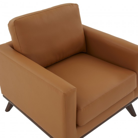 LeisureMod Chester Leather Accent Arm Chair With Birch Wood Base, Cognac Tan