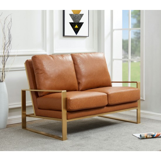 Jefferson - Leather Loveseat - Gold Frame - Cognac Tan, Cognac Tan