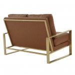 Jefferson - Leather Loveseat - Gold Frame - Cognac Tan, Cognac Tan