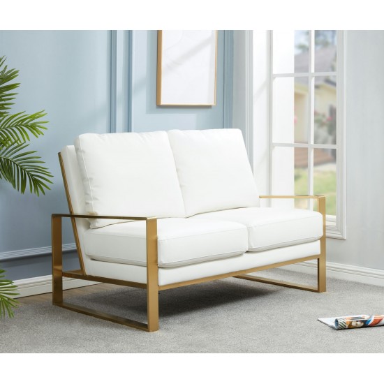 Jefferson - Leather Loveseat - Gold Frame - White, White