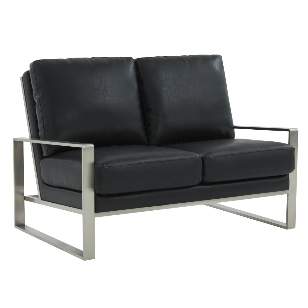 Leisuremod Jefferson Contemporary Faux Leather Loveseat With Silver Frame, Black