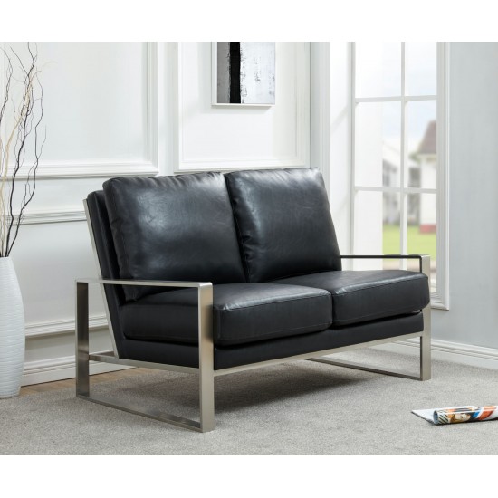 Leisuremod Jefferson Contemporary Faux Leather Loveseat With Silver Frame, Black