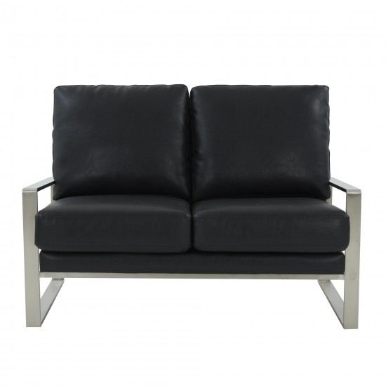 Leisuremod Jefferson Contemporary Faux Leather Loveseat With Silver Frame, Black