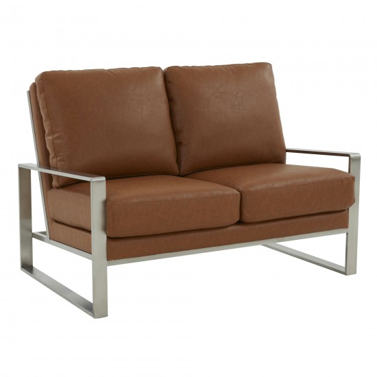 Leisuremod Jefferson Faux Leather Loveseat With Silver Frame, Cognac Tan