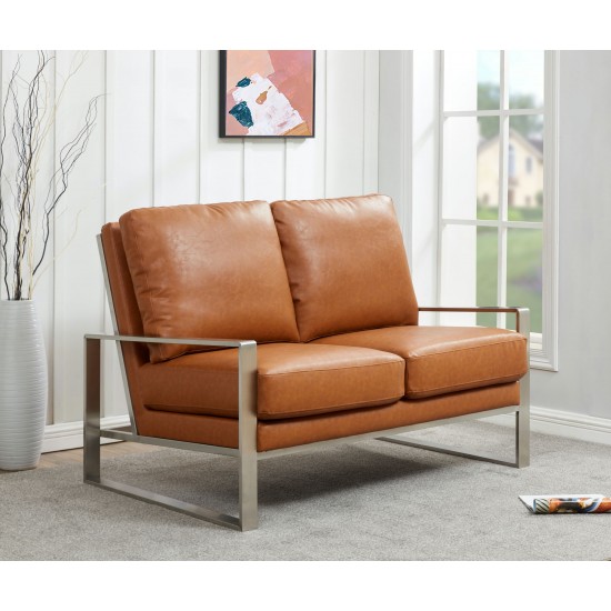 Leisuremod Jefferson Faux Leather Loveseat With Silver Frame, Cognac Tan