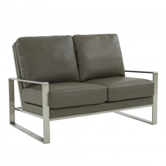 Leisuremod Jefferson Contemporary Faux Leather Loveseat With Silver Frame, Grey