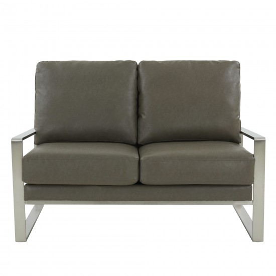 Leisuremod Jefferson Contemporary Faux Leather Loveseat With Silver Frame, Grey