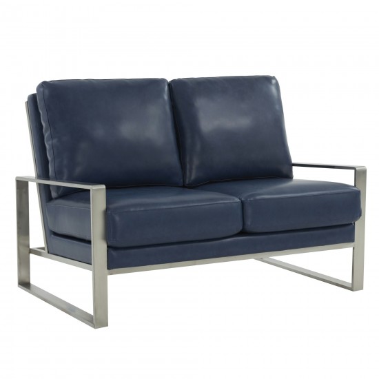 Leisuremod Jefferson Faux Leather Loveseat With Silver Frame, Navy Blue