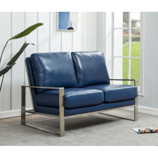 Leisuremod Jefferson Faux Leather Loveseat With Silver Frame, Navy Blue