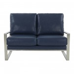 Leisuremod Jefferson Faux Leather Loveseat With Silver Frame, Navy Blue