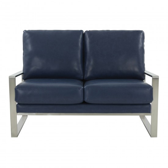 Leisuremod Jefferson Faux Leather Loveseat With Silver Frame, Navy Blue