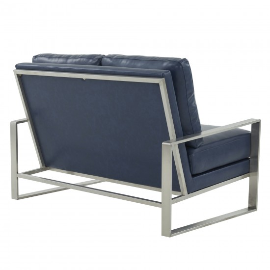 Leisuremod Jefferson Faux Leather Loveseat With Silver Frame, Navy Blue