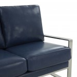 Leisuremod Jefferson Faux Leather Loveseat With Silver Frame, Navy Blue