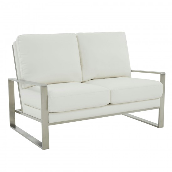 Leisuremod Jefferson Contemporary Faux Leather Loveseat With Silver Frame, White