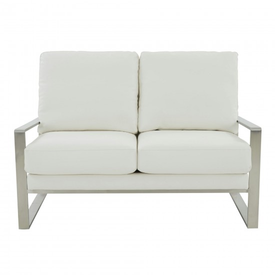 Leisuremod Jefferson Contemporary Faux Leather Loveseat With Silver Frame, White