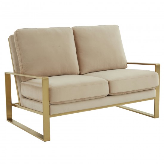 Leisuremod Jefferson Contemporary Modern Velvet Loveseat With Gold Frame, Beige