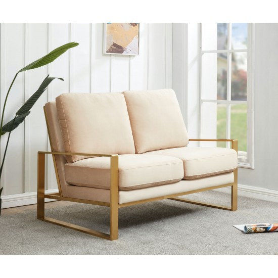 Leisuremod Jefferson Contemporary Modern Velvet Loveseat With Gold Frame, Beige