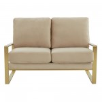Leisuremod Jefferson Contemporary Modern Velvet Loveseat With Gold Frame, Beige