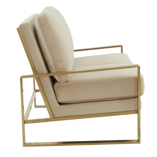 Leisuremod Jefferson Contemporary Modern Velvet Loveseat With Gold Frame, Beige