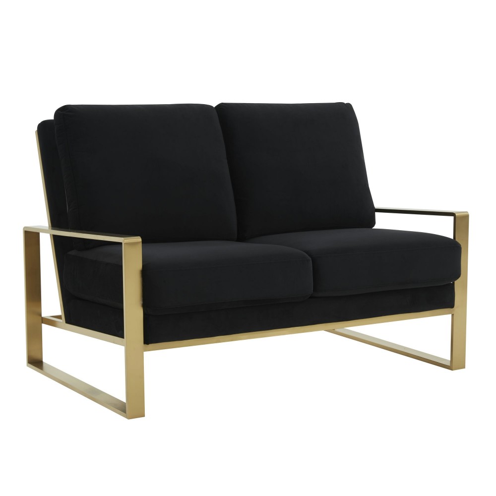 Leisuremod Jefferson Contemporary Modern Velvet Loveseat With Gold Frame, Black