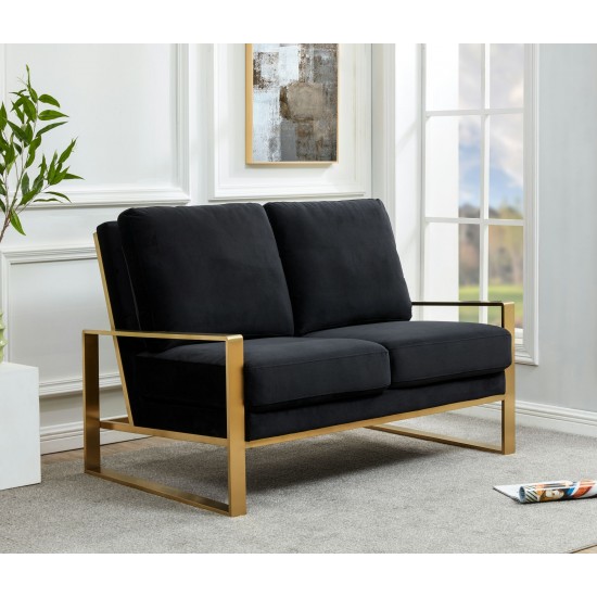 Leisuremod Jefferson Contemporary Modern Velvet Loveseat With Gold Frame, Black