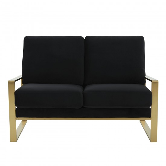 Leisuremod Jefferson Contemporary Modern Velvet Loveseat With Gold Frame, Black