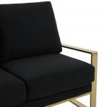 Leisuremod Jefferson Contemporary Modern Velvet Loveseat With Gold Frame, Black