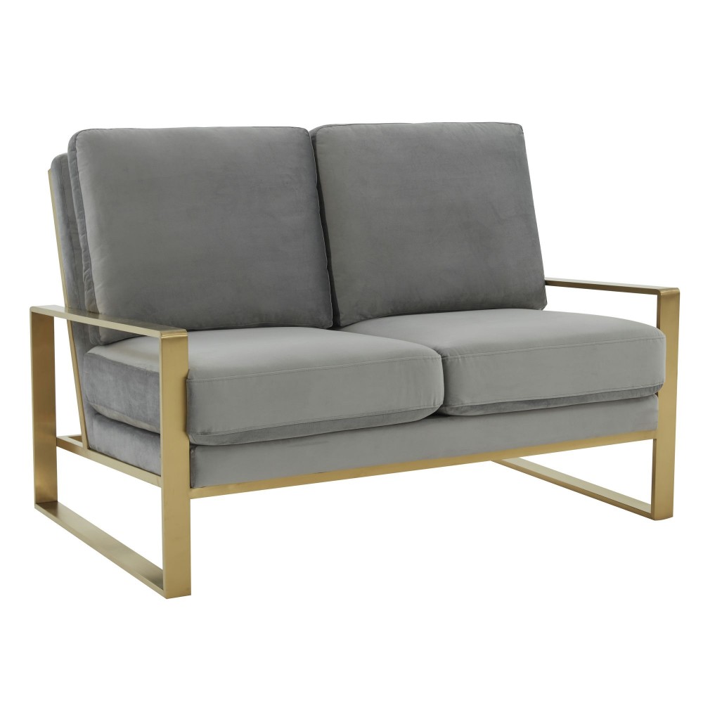 Leisuremod Jefferson Contemporary Velvet Loveseat With Gold Frame, Light Grey