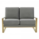 Leisuremod Jefferson Contemporary Velvet Loveseat With Gold Frame, Light Grey