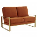 Leisuremod Jefferson Contemporary Modern Velvet Loveseat With Gold Frame, Orange