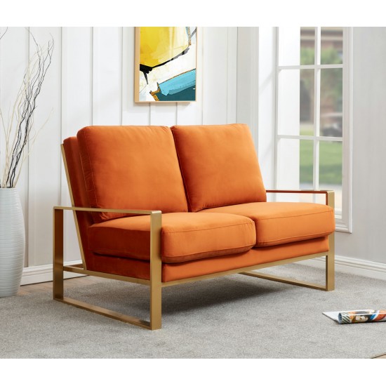 Leisuremod Jefferson Contemporary Modern Velvet Loveseat With Gold Frame, Orange